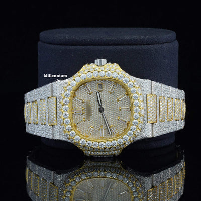 Classic Two Tone Moissanite Diamond Iced Out Automatic Watch With Gold Color