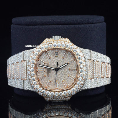 Moissanite Iced Out Sapphire Crystal Glass Automatic Watch With Rose Gold Color Dial