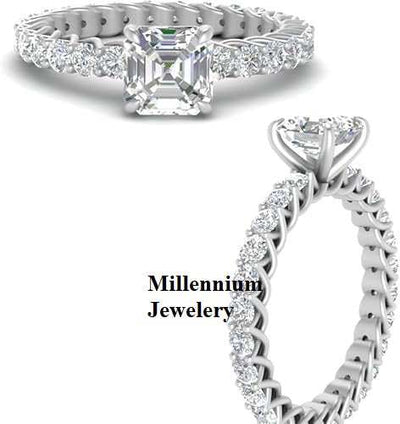 1.50 TCW Asscher Cut Moissanite Solitaire Accents Engagement Ring