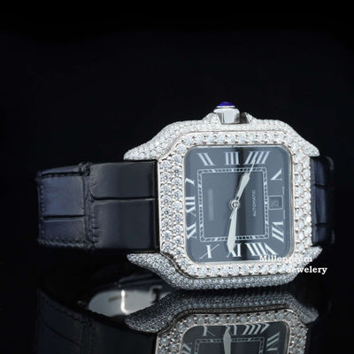 Aesthetic Brown Leather Belt Moissanite Diamond Iced Out Watch Second