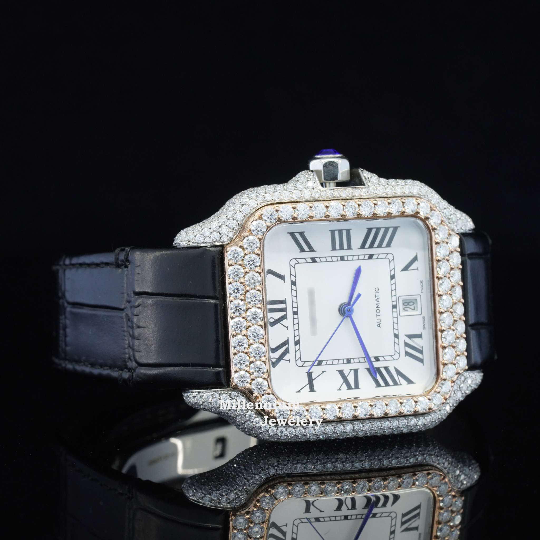 Fabulous Black Leather Belt Moissanite Diamond Watch Second