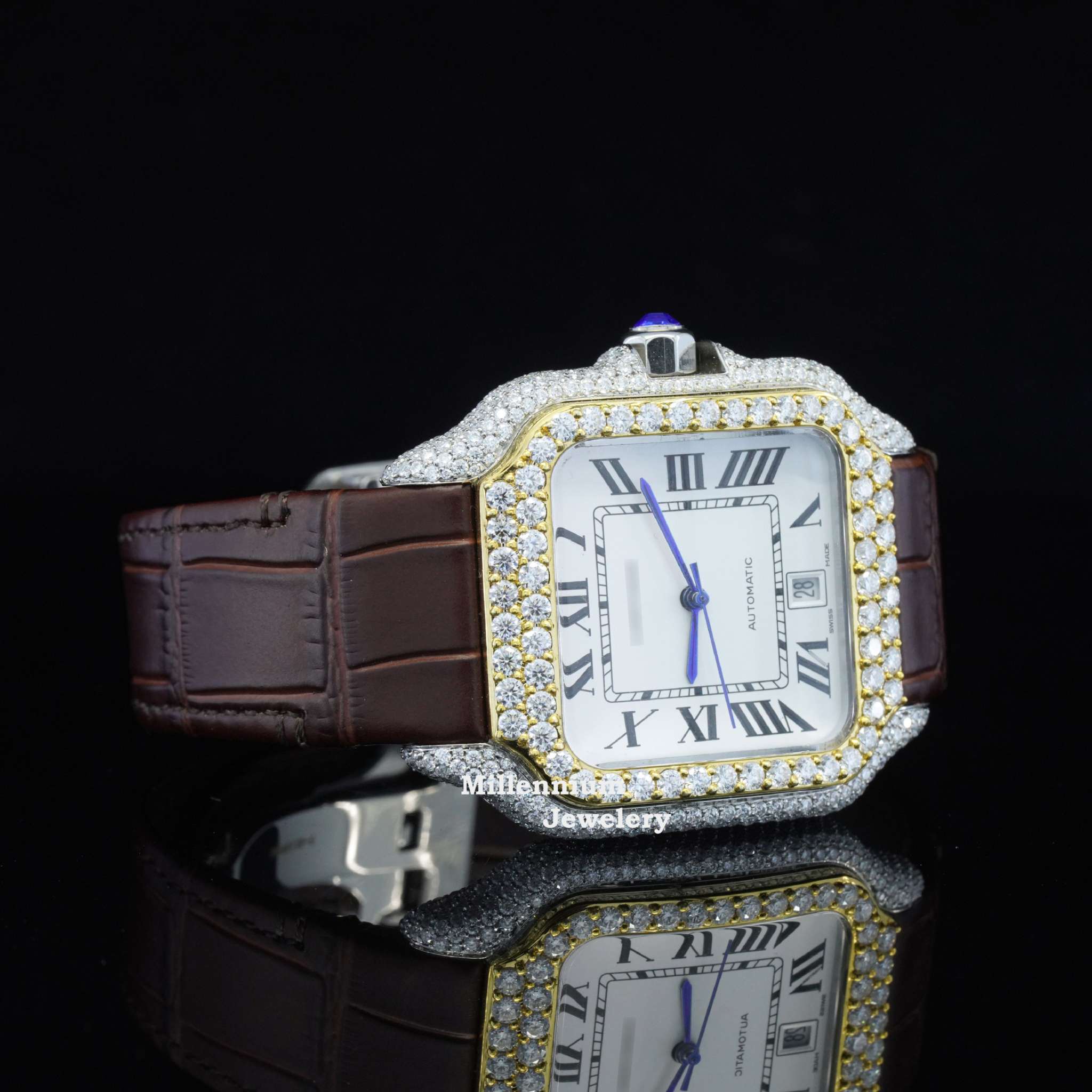 Amazing White Dial With Brown Leather Belt Moissanite Watch Second