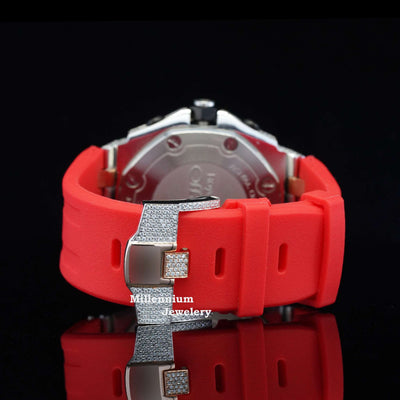 Fabulous Iced Out Red Rubber Belt Automatic Moissanite Wrist Watch Forth