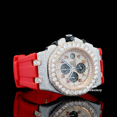 Fabulous Iced Out Red Rubber Belt Automatic Moissanite Wrist Watch Second