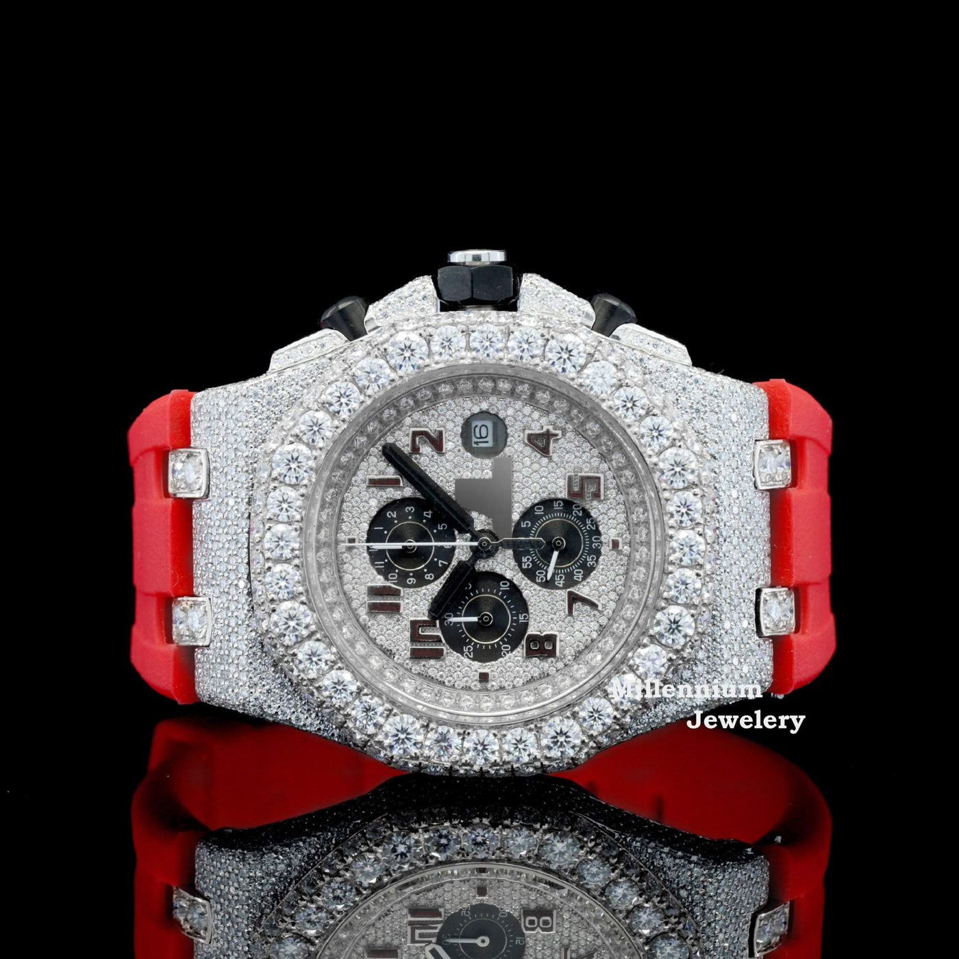 Fabulous Iced Out Red Rubber Belt Automatic Moissanite Wrist Watch FIfth