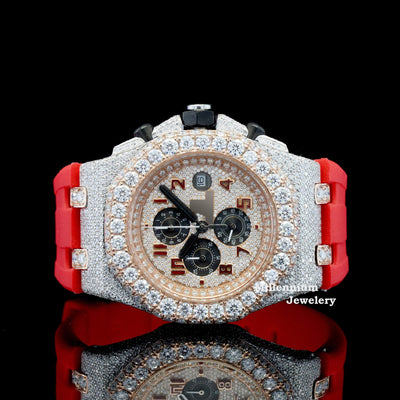 Fabulous Iced Out Red Rubber Belt Automatic Moissanite Wrist Watch First