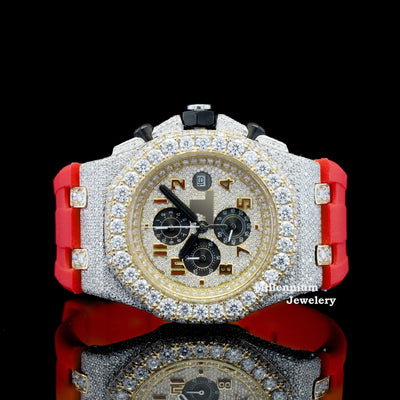 Fabulous Iced Out Red Rubber Belt Automatic Moissanite Wrist Watch Sixth