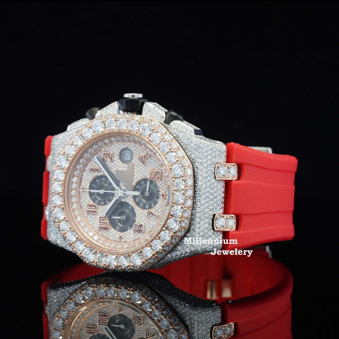 Fabulous Iced Out Red Rubber Belt Automatic Moissanite Wrist Watch Third