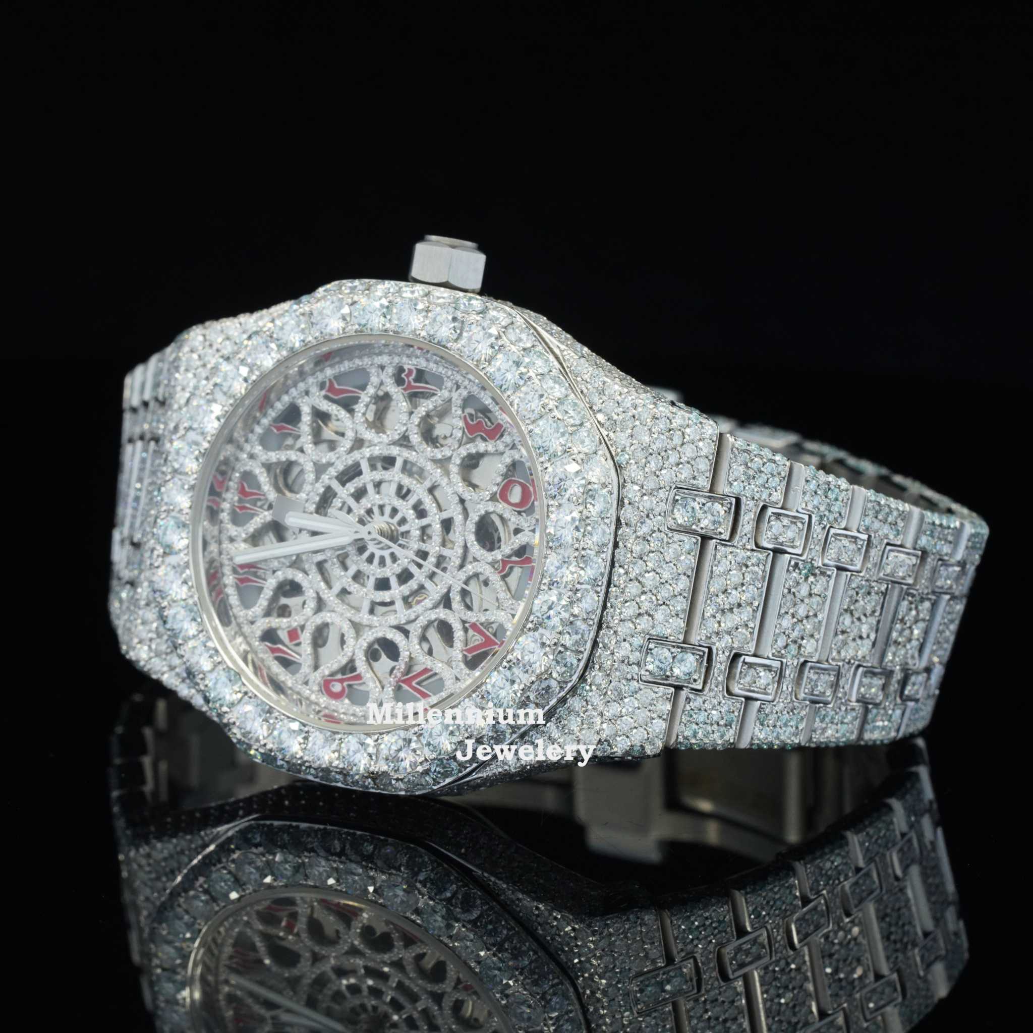 Iced Out Moissanite Watch Red Arabic Number With Automatic Movement Second
