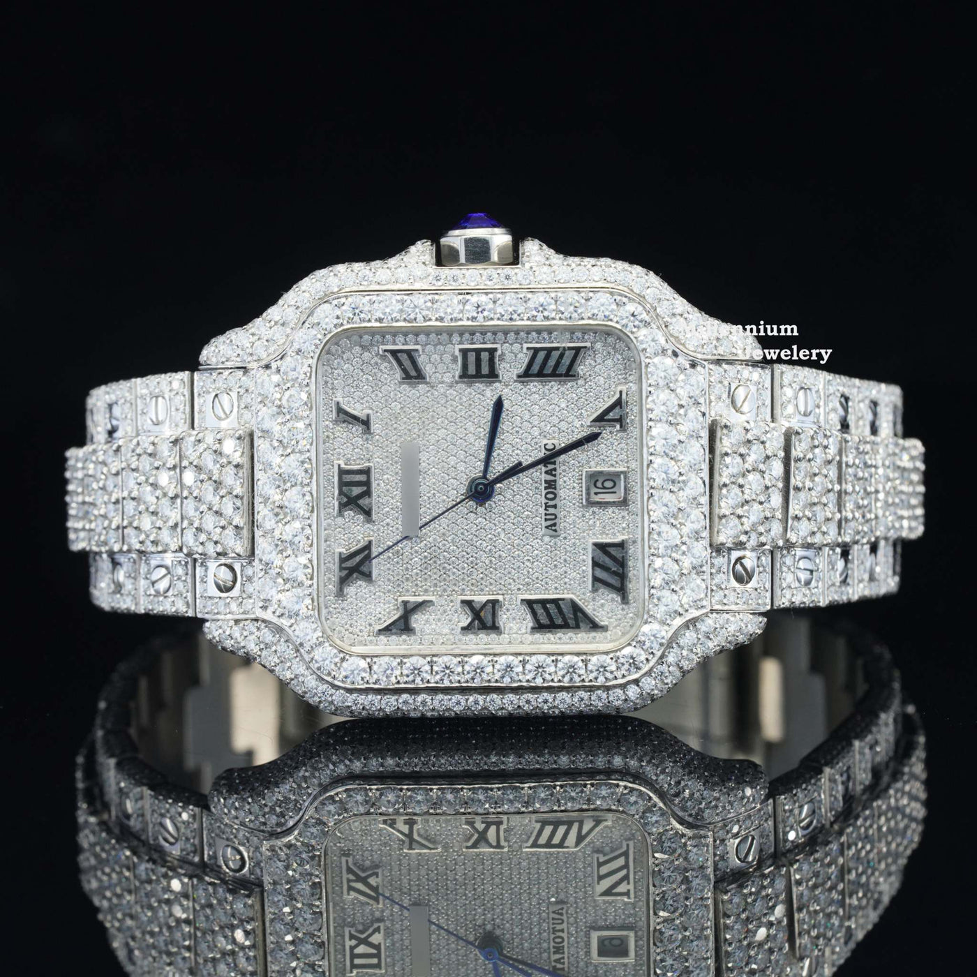 Brilliant Roman Number Moissanite Diamond Fully Iced Out Watch With White Gold Color