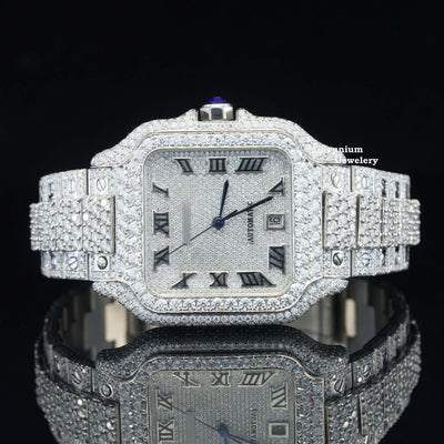 Brilliant Roman Number Moissanite Watch Fully Iced Out With White Gold Color