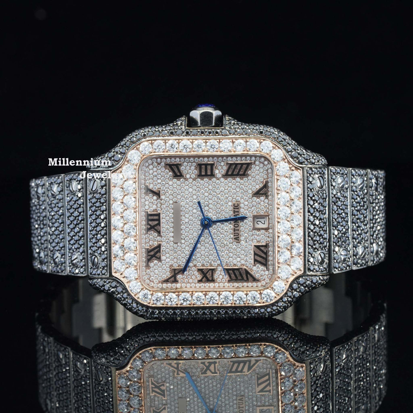 Fantastic Moissanite Diamond White And Jet Black Automatic Watch WIth Rose Gold Color