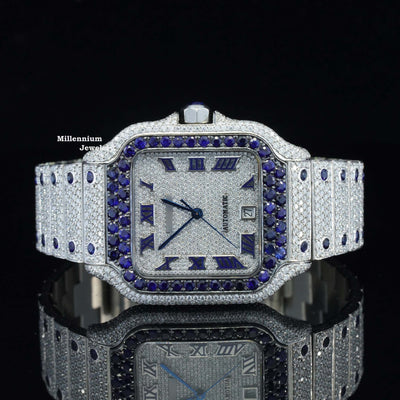 Blue And White Moissanite Diamond Iced Out Automatic Watch Diamond Body