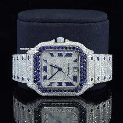 Blue And White Moissanite Diamond Iced Out Automatic Watch Dial