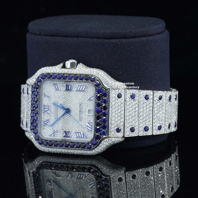 Blue And White Moissanite Diamond Iced Out Automatic Watch Strap