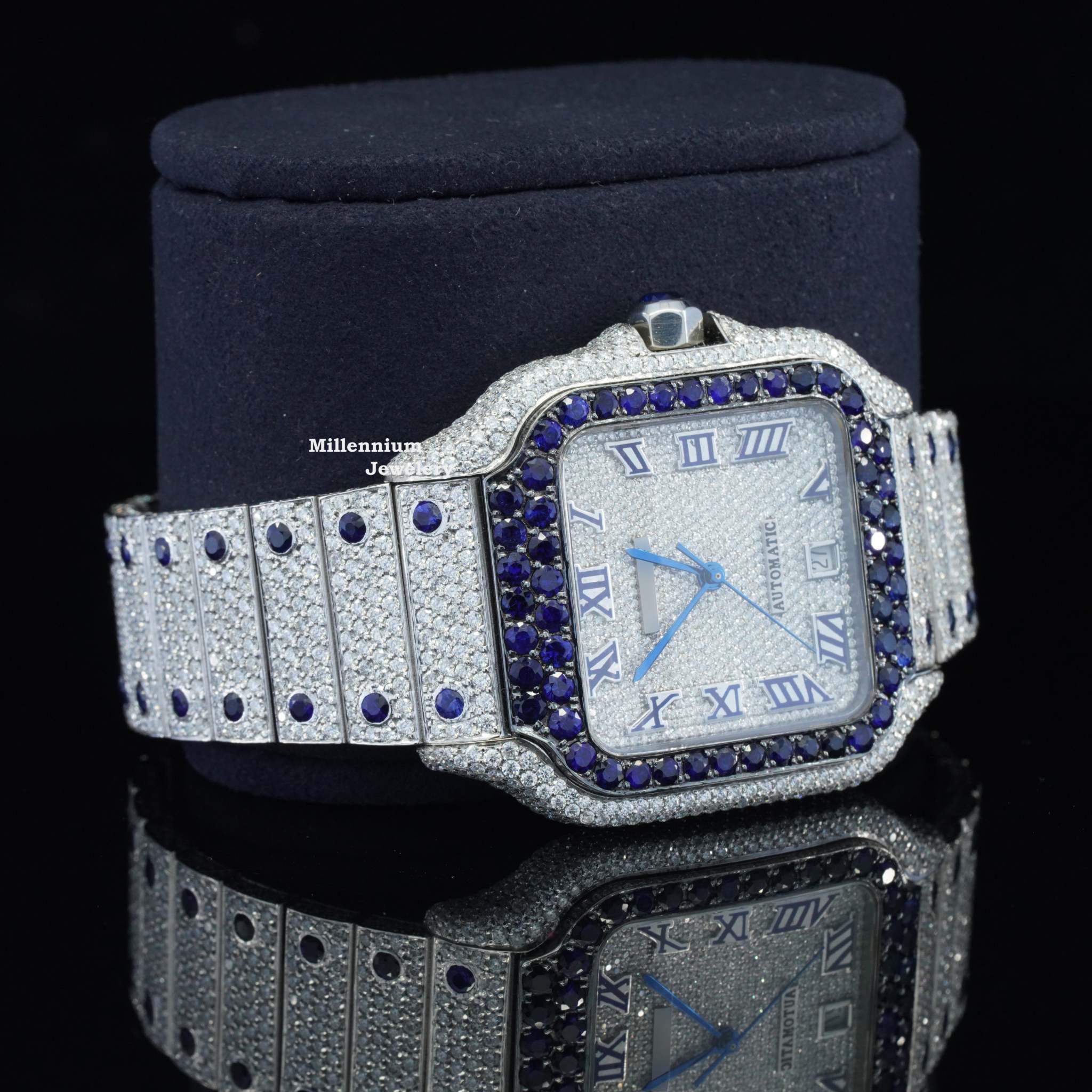 Iced Out Moissanite Watch Automatic Movement Blue And White Diamond Dial