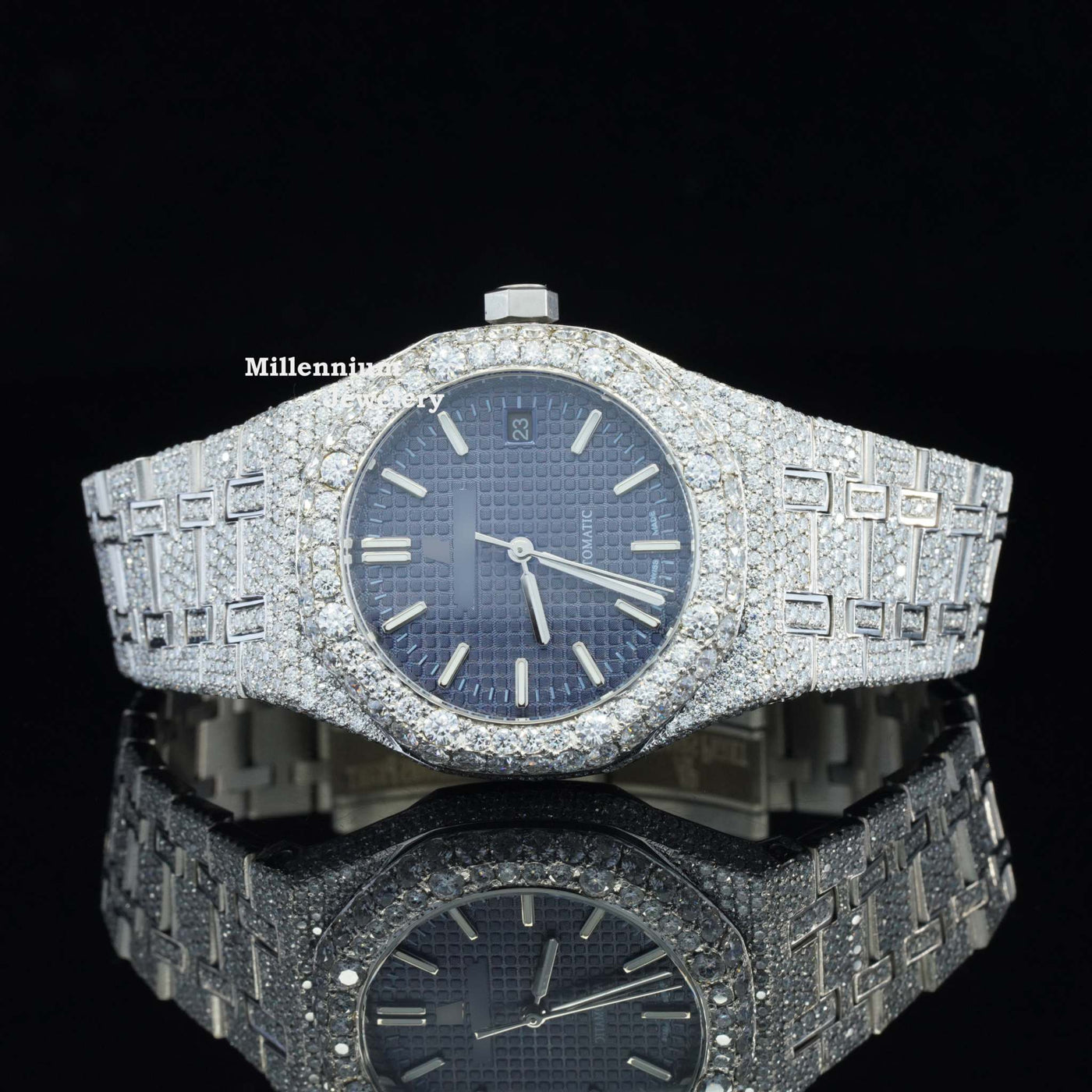 Awesome Blue Dial Iced Out Moissanite Watch For Men White Gold Color