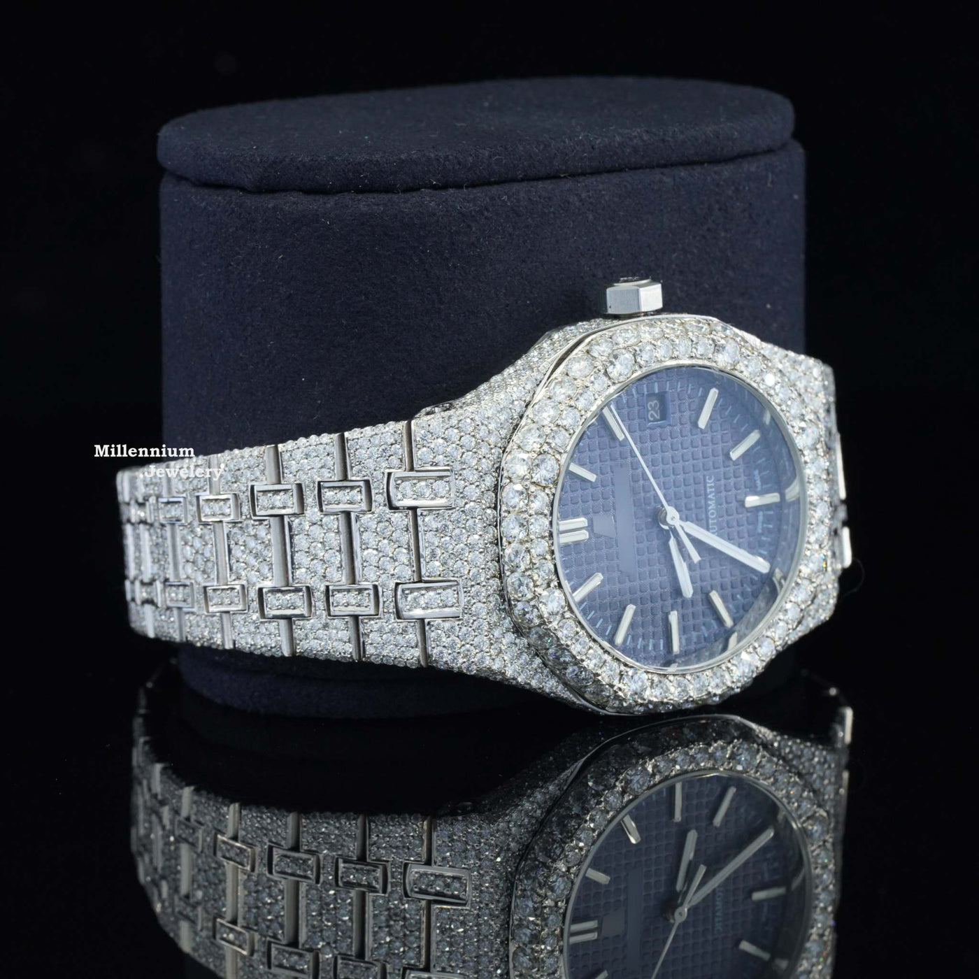 Awesome Blue Dial Iced Out Moissanite Watch For Men Full Body