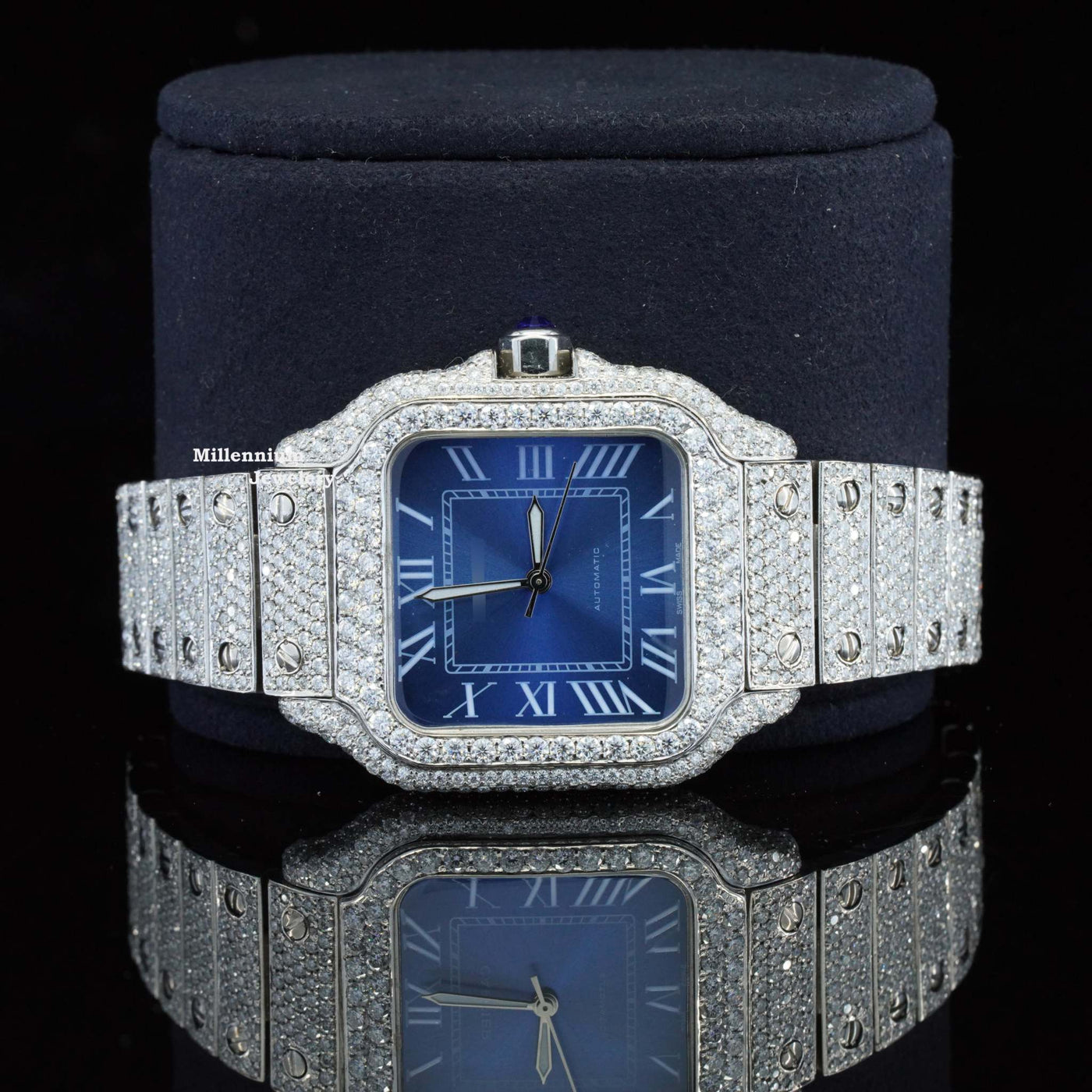 Moissanite Diamond Iced Out Blue Dial Metal Belt Fully Automatic Watch With Dial