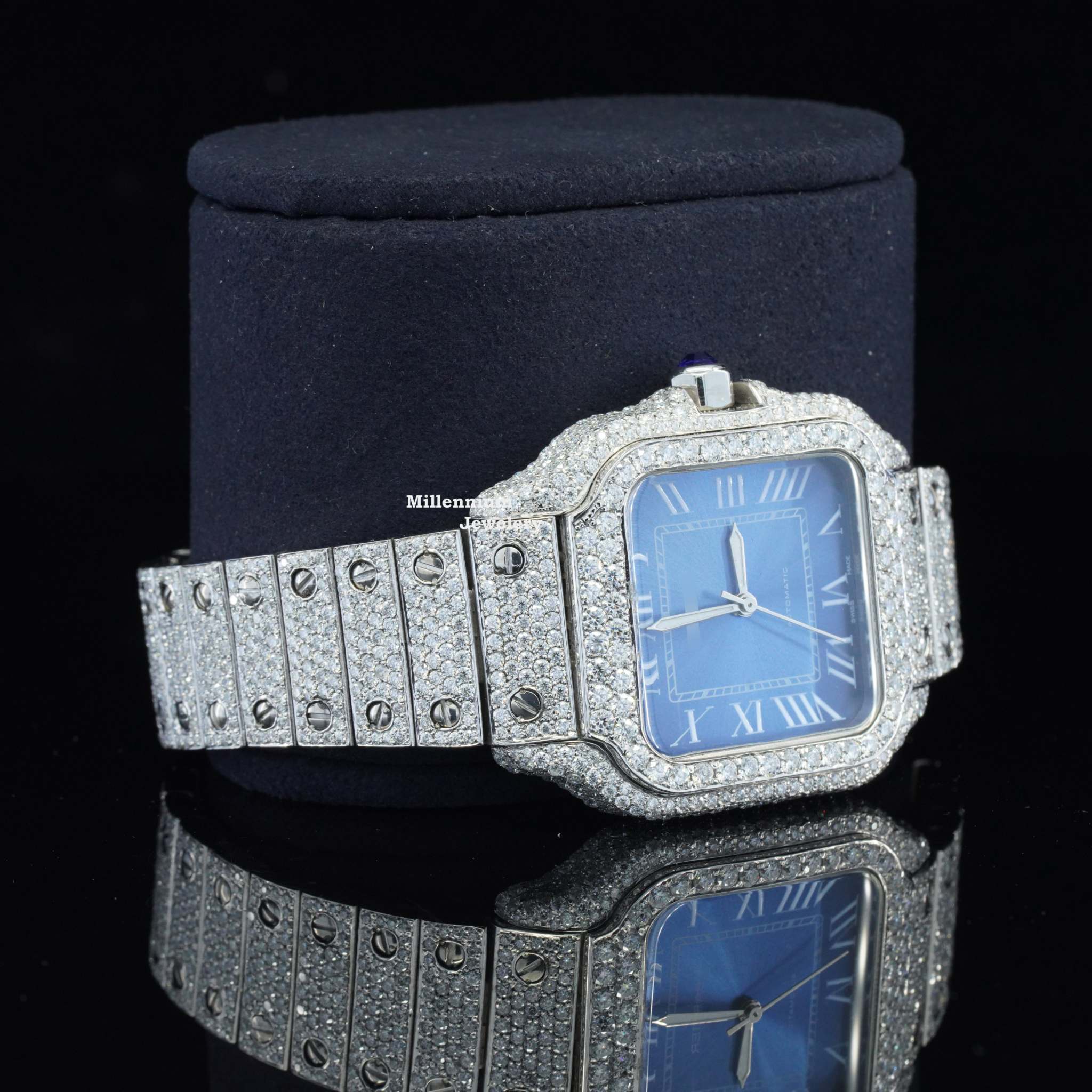 Iced Out Moissanite Watch Blue Dial Metal Belt Fully Automatic For Men With Diamond Body