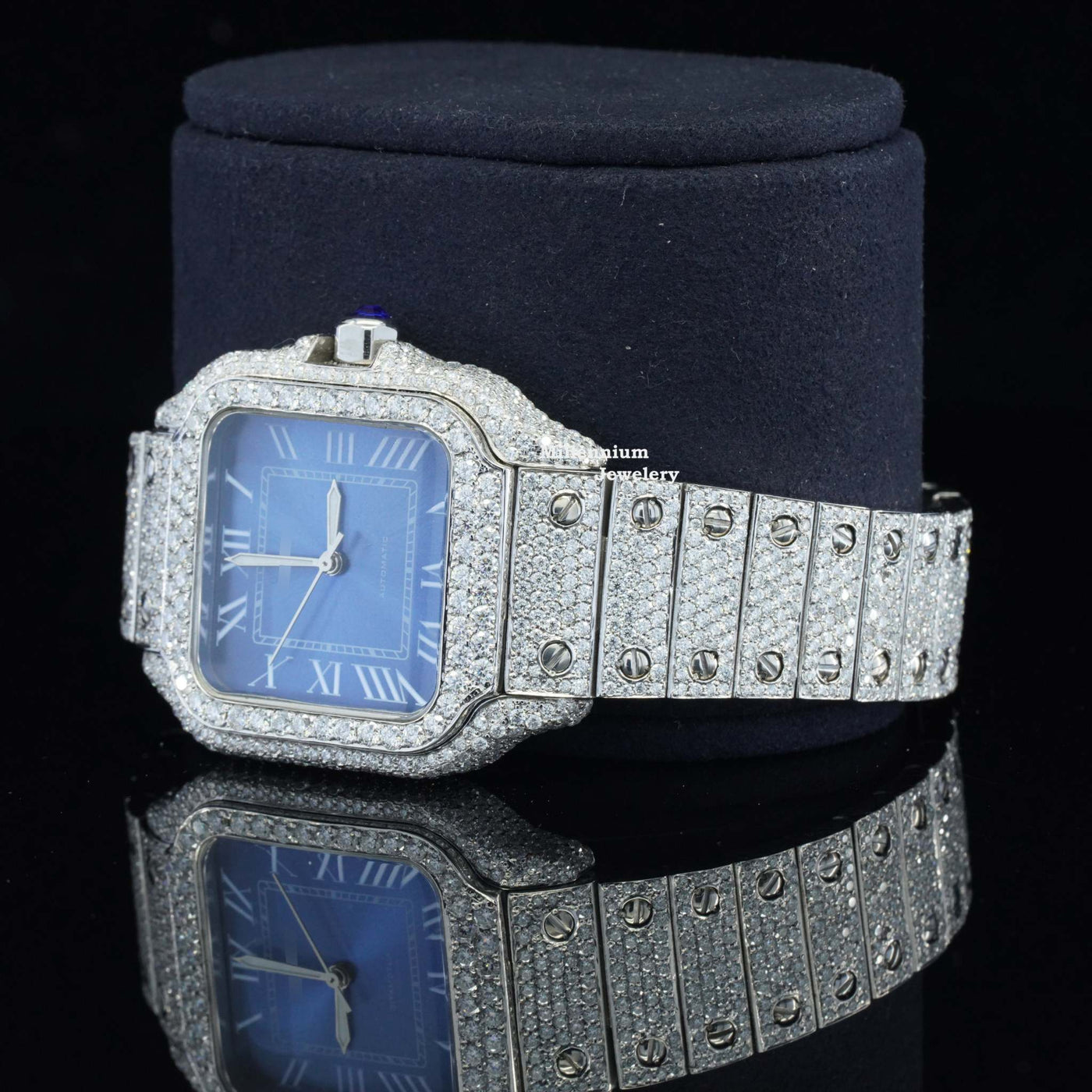 Moissanite Diamond Iced Out Blue Dial Metal Belt Fully Automatic Watch With Diamond Strap