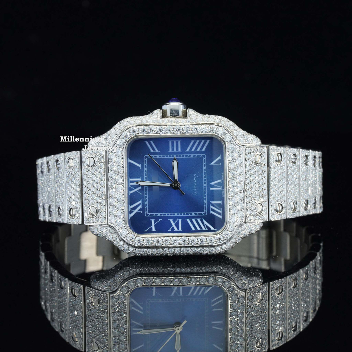 Moissanite Diamond Iced Out Blue Dial Metal Belt Fully Automatic Watch With White Gold Color