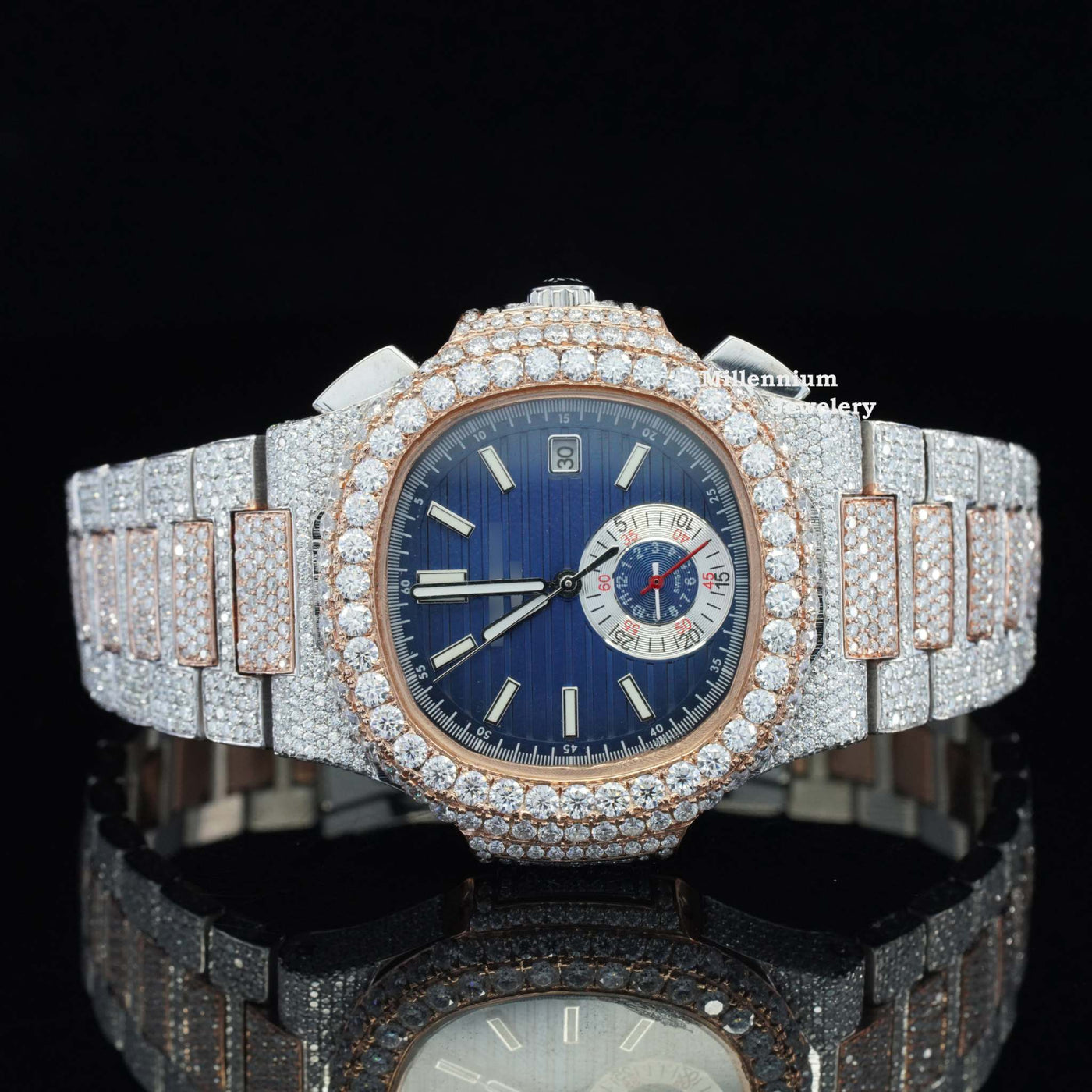 Business Style Two Tone Iced Out And Automatic Wrist Watch With Rose Gold Color