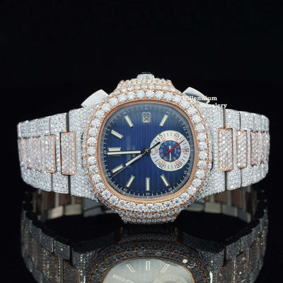 Business Style Two Tone Iced Out And Automatic Wrist Watch With Rose Gold Color