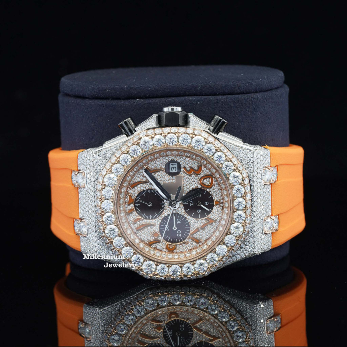 Moissanite Diamond Iced Out Orange Belt Chronograph Wrist Watch With Rose Gold Color Dial