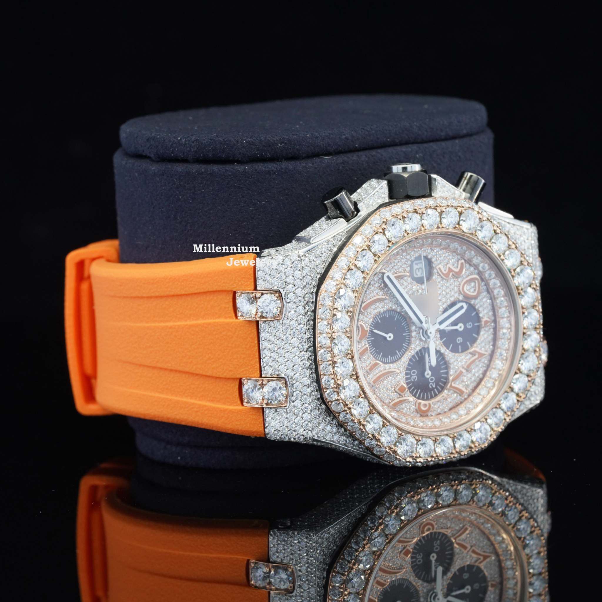 Iced Out Moissanite Diamond Orange Belt Chronograph Wrist Watch With Dial