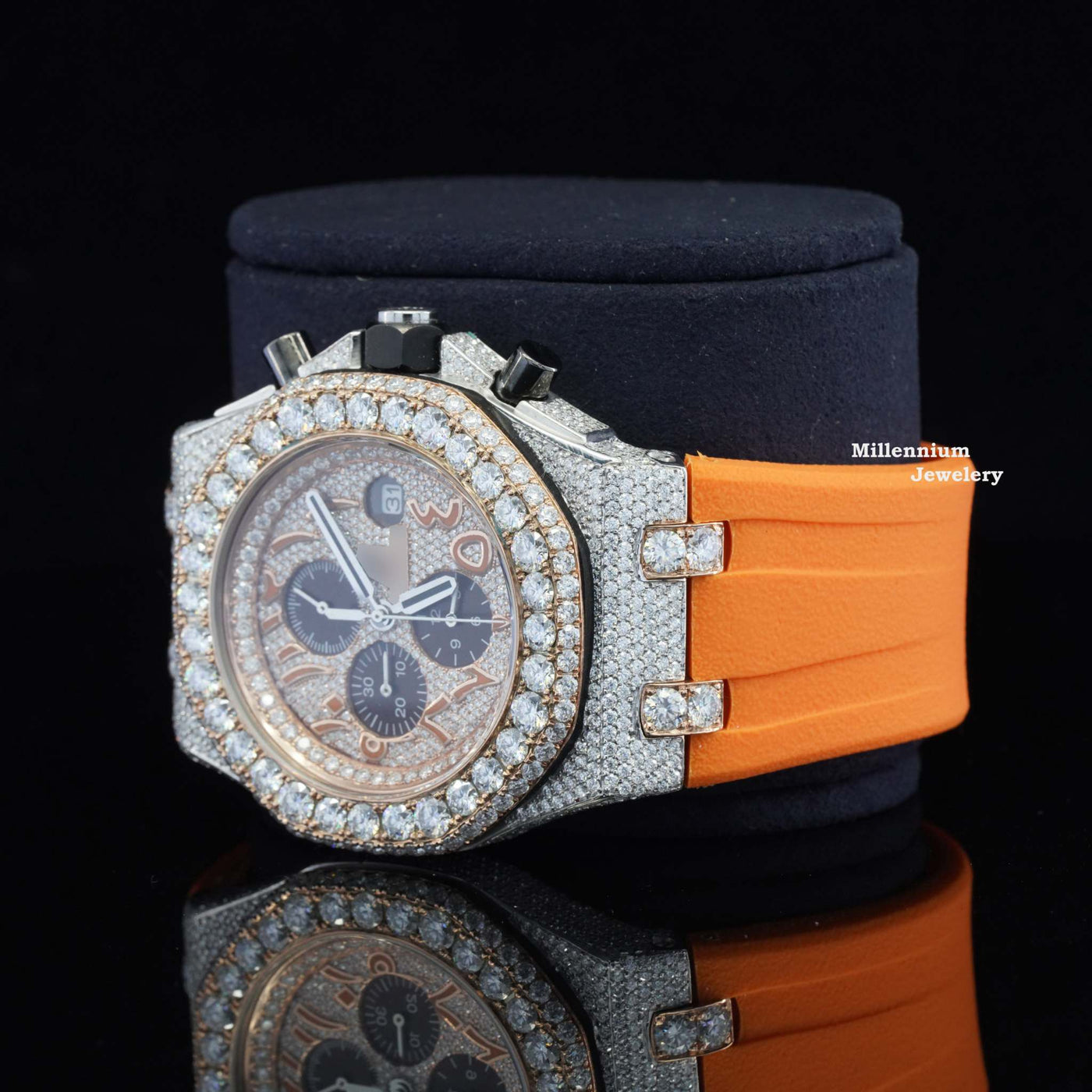 Moissanite Diamond Iced Out Orange Belt Chronograph Wrist Watch With Strap