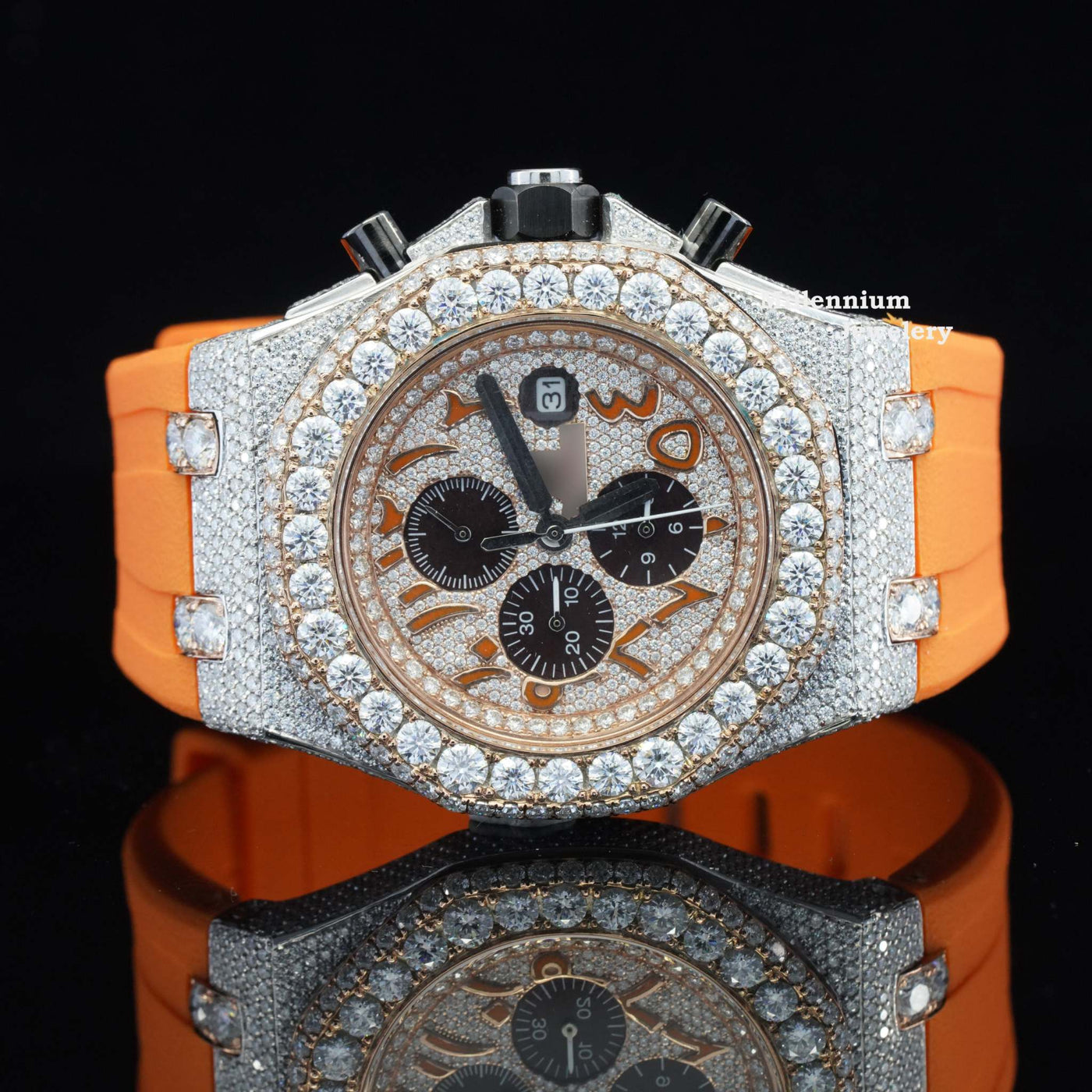 Moissanite Diamond Iced Out Orange Belt Chronograph Wrist Watch With Rose Gold Color