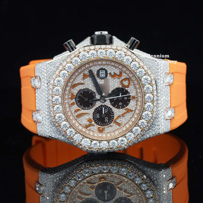 Moissanite Diamond Iced Out Orange Belt Chronograph Wrist Watch With Rose Gold Color