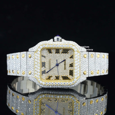 Vintage Style Fully Iced Out Automatic Moissanite Diamond Wrist Watch With Diamond Dial