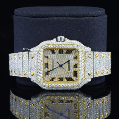 Vintage Style Fully Iced Out Automatic Moissanite Diamond Wrist Watch With Gold Color