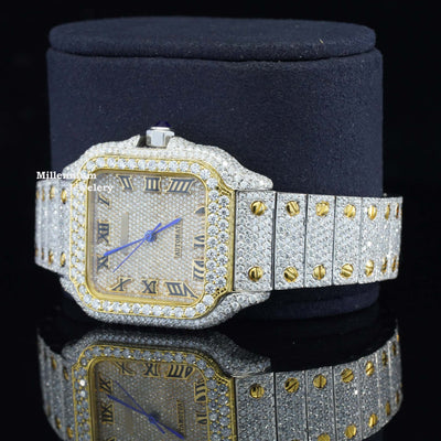 Vintage Style Fully Iced Out Automatic Moissanite Diamond Wrist Watch With Diamond Strap