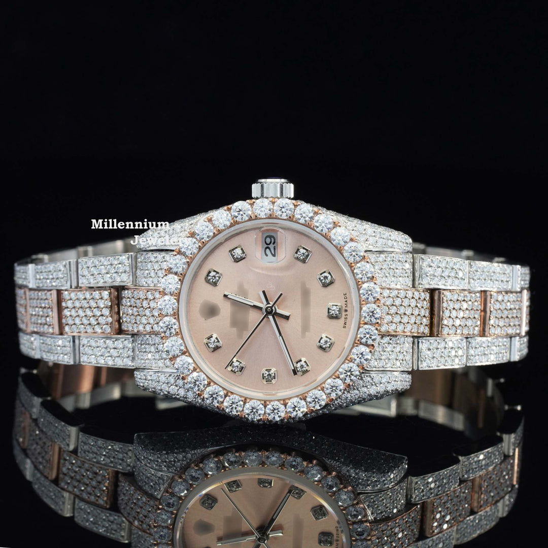 Luxurious Beige Dial Moissanite Iced Out Automatic Watch