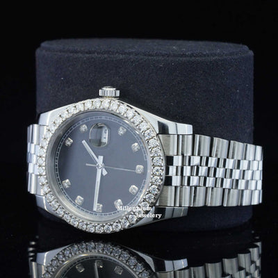 Formal Black Dial Partial Moissanite Diamond Watch For Men