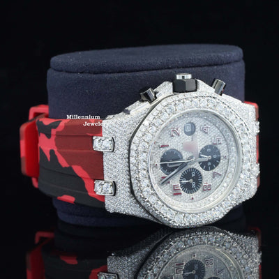 Iced Out Red Belt Chronograph Automatic Wrist Moissanite Watch Dial