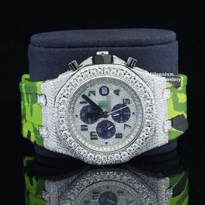 Fancy Chronograph Moissanite Diamond Iced Out Green Color Belt Watch Dial