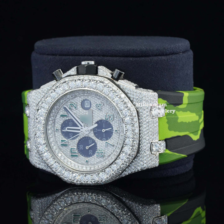 Fancy Chronograph Moissanite Diamond Iced Out Green Color 