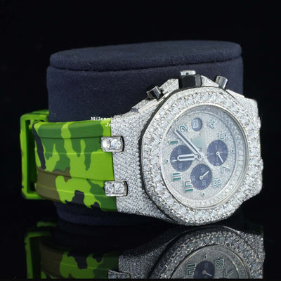 Fancy Chronograph Moissanite Diamond Iced Out Green Color Belt Watch Strap