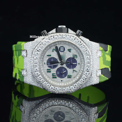 Fancy Chronograph Moissanite Diamond Iced Out Green Color Belt Watch Diamond Dial