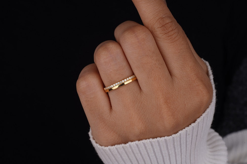 Wedding Band For Women One Side Pave Diamond Ring