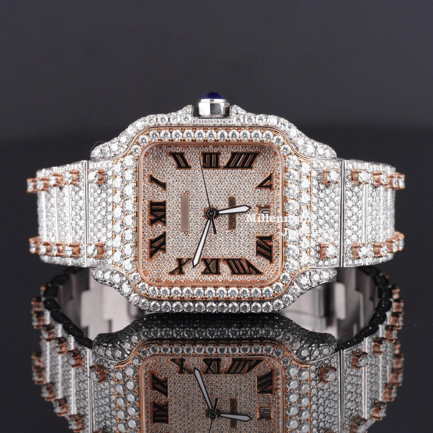 Automatic Roman Number Japan Style Moissanite Diamond Watch Rose