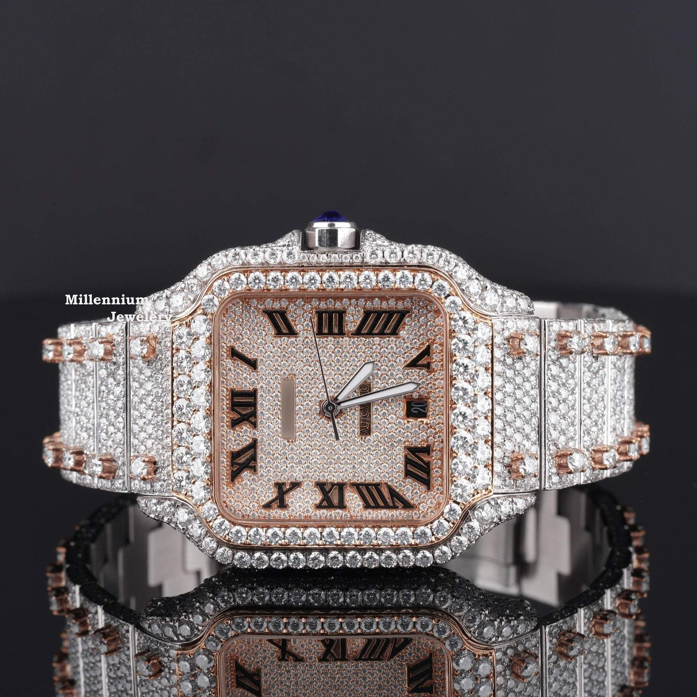 Fabulous Iced Out Roman Style Moissanite Diamond Watch Rose