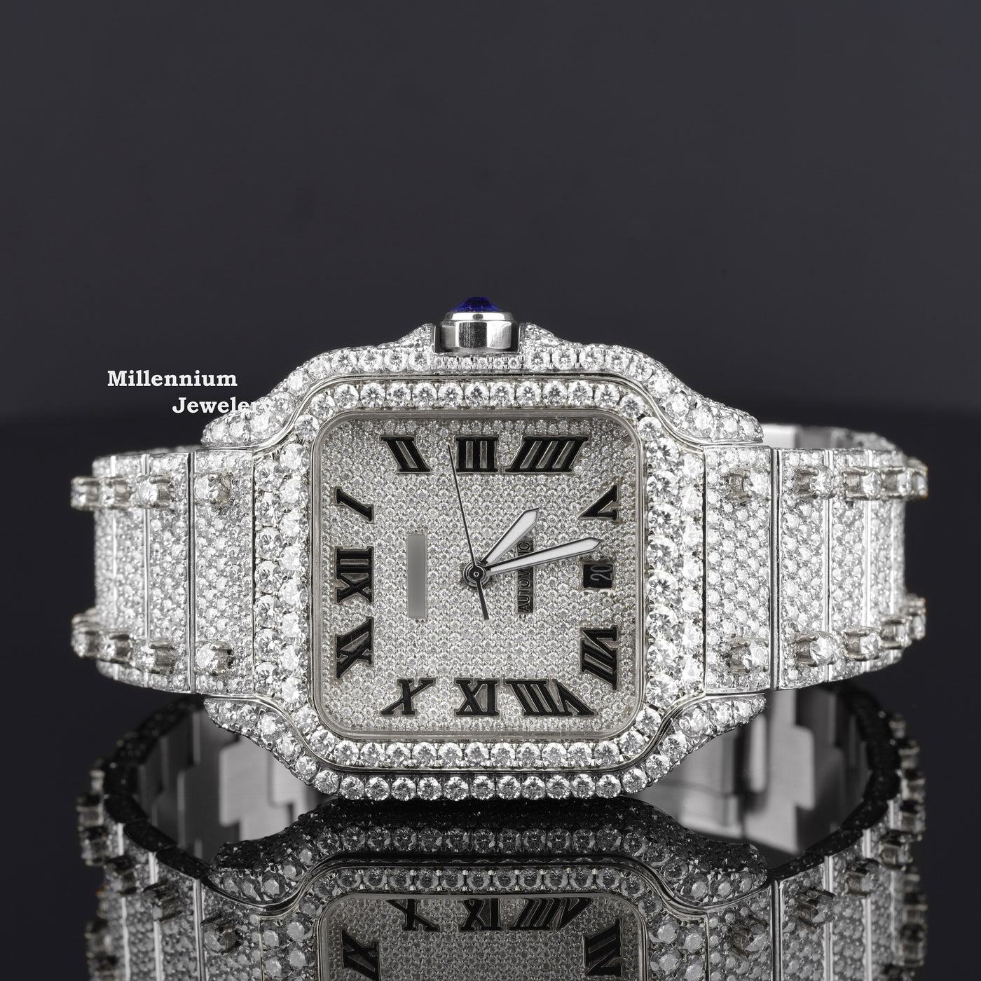 Elegant Automatic Roman Number Swiss Style Moissanite Watch White