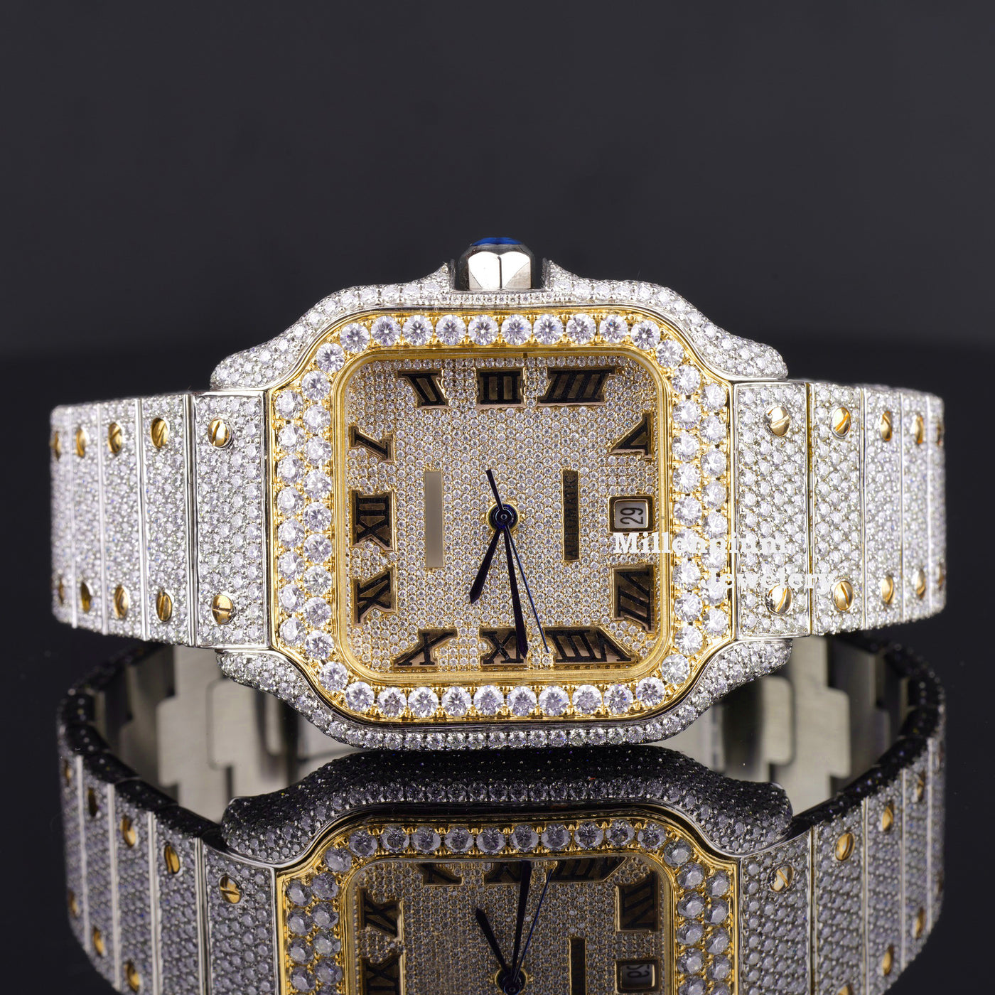 Stylish Fully Body Iced Out Moissanite Diamond Watch With Date Yellow