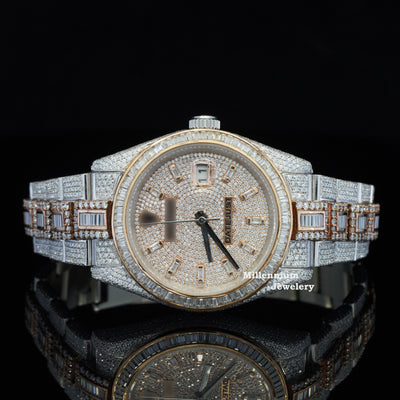 Classic Round and Baguette Iced Out Moissanite Diamond Automatic Watch