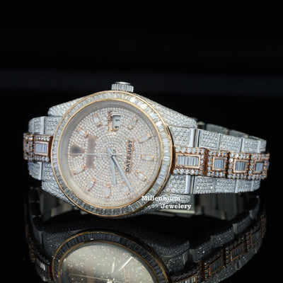 Classic Round and Baguette Iced Out Moissanite Diamond Automatic Watch Second